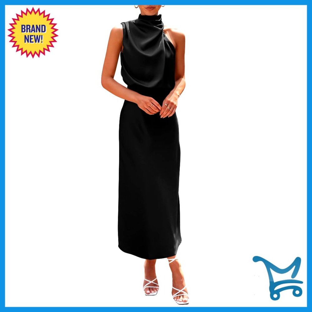 Elegant Satin Maxi Dress Mock Neck Sleeveless Cocktail Party Formal Wear